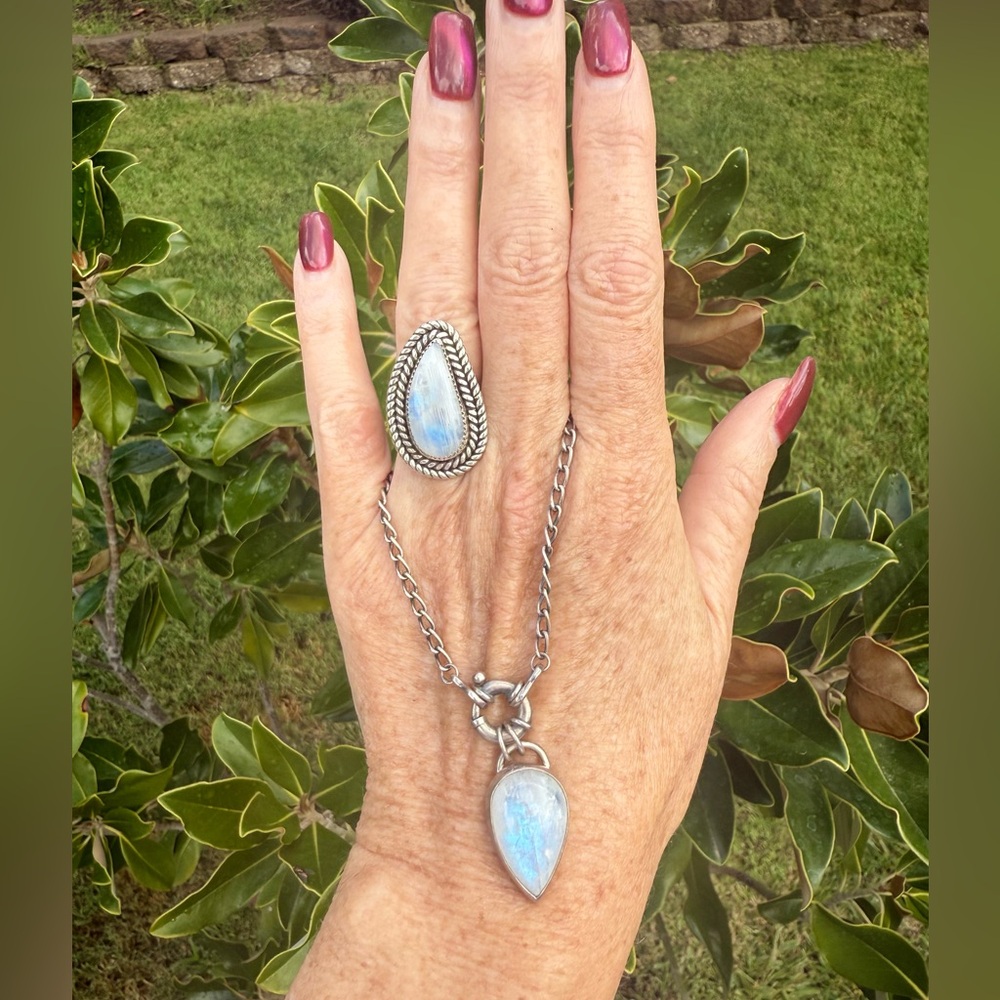 Set of Silversmith Custom Made Moonstone Sterling Silver Ring & Necklace